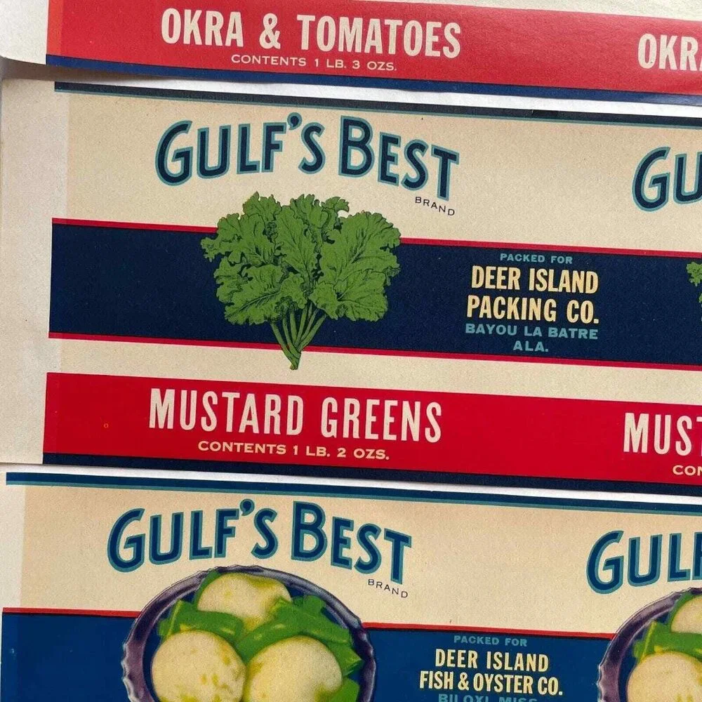 Gulf's Best Can Labels Lot of 5 Vintage Deer Island Fish & Oyster Co‎